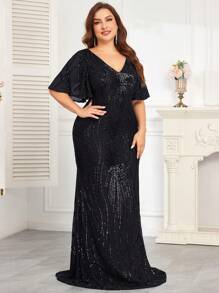 hezixi Premium Stretchy Sequin Fitted Plus Size V-Neck Short Sleeve Elegant Formal Party Dress, Suitable For Mother Of The Bride, Gala Events, Wedding Guest Dress, Evening Dress,Gown - màu đen - Xem 7