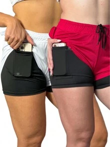 Women's 2 In 1 Shorts Men's Gym Running Workout Shorts With Elastane - Baby Pink - View 1