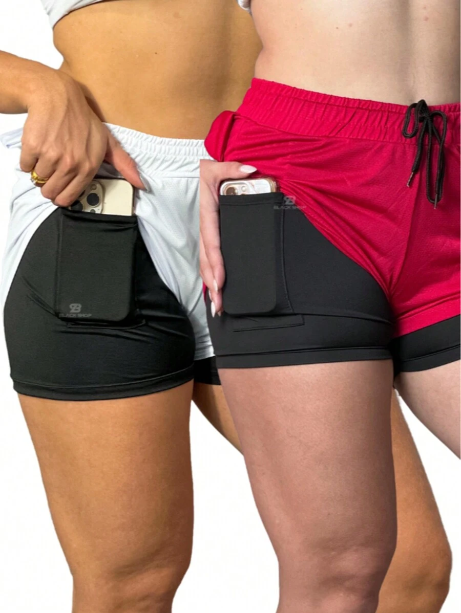 Women's 2 In 1 Shorts Men's Gym Running Workout Shorts With Elastane - Baby Pink - View 1