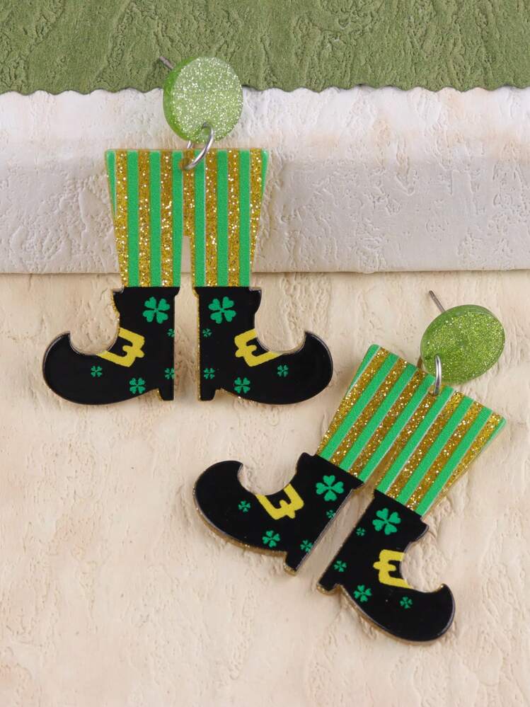 1 对可爱卡通小矮人和气球条纹靴子主题圣帕特里克节女士耳环 - 彩色 - 查看 13