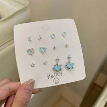 Bộ 6 đôi/bộ hoa tai đính đá pha lê thời trang thanh lịch, kết hợp thiết kế hình ngôi sao năm cánh và trái tim, thích hợp cho trang phục hàng ngày của phụ nữ trong ngày lễ tình nhân - Gói 6 đôi tình yêu màu xanh - Xem 1