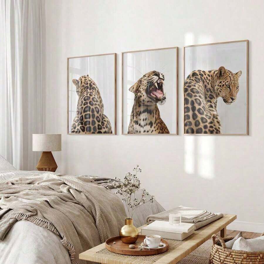 1 件/3 件现代墙面艺术帆布画豹纹动物图案海报和印刷品适用于家庭装饰客厅卧室办公室宿舍背景装饰墙面设计图片时尚礼品无框