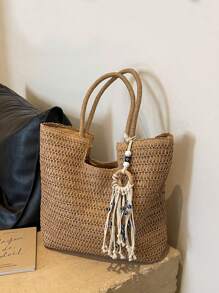 1 Pieza Bolsa de papel trenzada de gran capacidad con estilo de ocio y vacaciones, de unicolor, con decoración de colgante de ojo del diablo, bolsa de playa de un solo hombro para mujer, adecuada para vacaciones al aire libre, viajes diarios, ocio y combinación de ropa de moda. - Multicolor - Ver 15