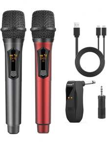 Aveek Wireless Microphones, Karaoke Microphone Rechargeable 2.4GHz (Work 10hs) For Karaoke Machine,Amplifier Speaker,Mixer,Dynamic Mic For Karaoke,Speech,Wedding,,Grey&Red, 2 Packs - màu đen - Xem 1