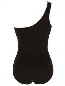 Women Summer Bathing Suit, One-Piece Solid Color Sleeveless Padded Bikini, Mesh One Shoulder Off Wire Free Swimming Suit - Black - View 2