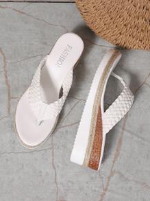 Plus Size Women's White Braided Thong Sandals With Comfortable Rope Bottom, Suitable For Everyday Wear, Home Or Outdoor, Thick Wedge Heel, Versatile And Casual,Spring Summer Outfits - White - View 6