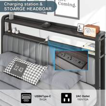 Starry Sky Lamp Design Bed Frame With Cushioned Ottoman, Charging Station, Heavy Duty Feet, Easy To Assemble - 灰色 - 查看 8