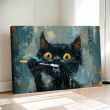 1pc Very Interesting Black Cat Art Poster, Canvas Wrapped Frame - A Fun Art Print Suitable For Giving To Family And Friends, Home Decoration, Wall Decoration, Adding Fun And Charm To Any Room, Wall Art - Multicolor - View 2
