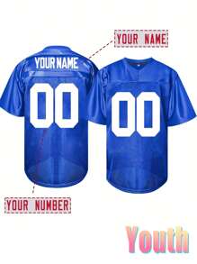 青少年定制姓名和号码刺绣美式足球球衣男孩和女孩纽约蓝色 V 领个性化短袖纽扣衬衫派对游戏训练运动上衣 - 藍色 - 查看 1