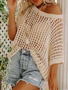 Women's Summer Mesh Knit Ribbed Crew Neck Short Sleeve Sweater T-Shirt Vacation Beach - Apricot - View 9