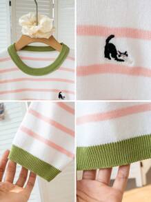 夏季绿色可爱休闲条纹撞色圆领 T 恤女士，学院风设计针织上衣，动物猫刺绣