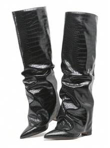 Women's Knee High Fold Over Slouchy Shark Boots Fashion Pointed Toe Block Thick High Heels Pull On Party Dress Punk Pleated Fall Boots Woman - 黑色 - 查看 6