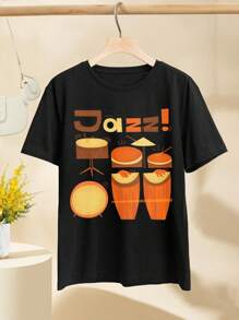 Retro Jazz Drums And Funky Percussion In Brown Yellow Red - Modern Mid-Century Illustration Of Congas Drums Instruments Jazz Music And Vintage 192 For Women's Women T-Women's Shirt