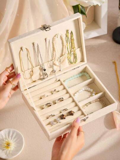 1pc Large Capacity 2-Layer Jewelry Box, Bathroom Storage Box, Containers, Jewelry Organizer, Cabinet Storage Box, Jewelry Box For Necklaces, Earrings, Bracelets, Rings, Elegant French Style, Gold Jewelry Box, Luxurious Multi-Layer Lockable Jewelry Storage Box, Anti-Oxidation Bracelet, Earring, Necklace Jewelry Box, Multi-Compartment Multi-Layer Ring, Bracelet, Pendant Jewelry Organizer, Jewelry Carrying Case