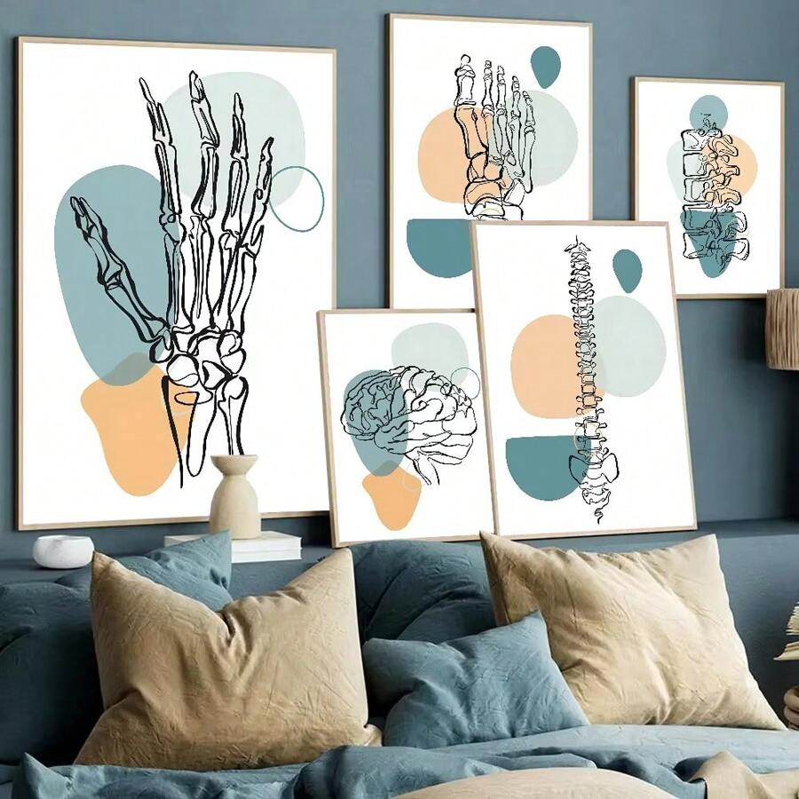 1 pieza Póster de arte de pared sin marco Anatómico médico abstracto: Corazón, diente, hueso Cartel de arte nórdico Decoración mural para juegos