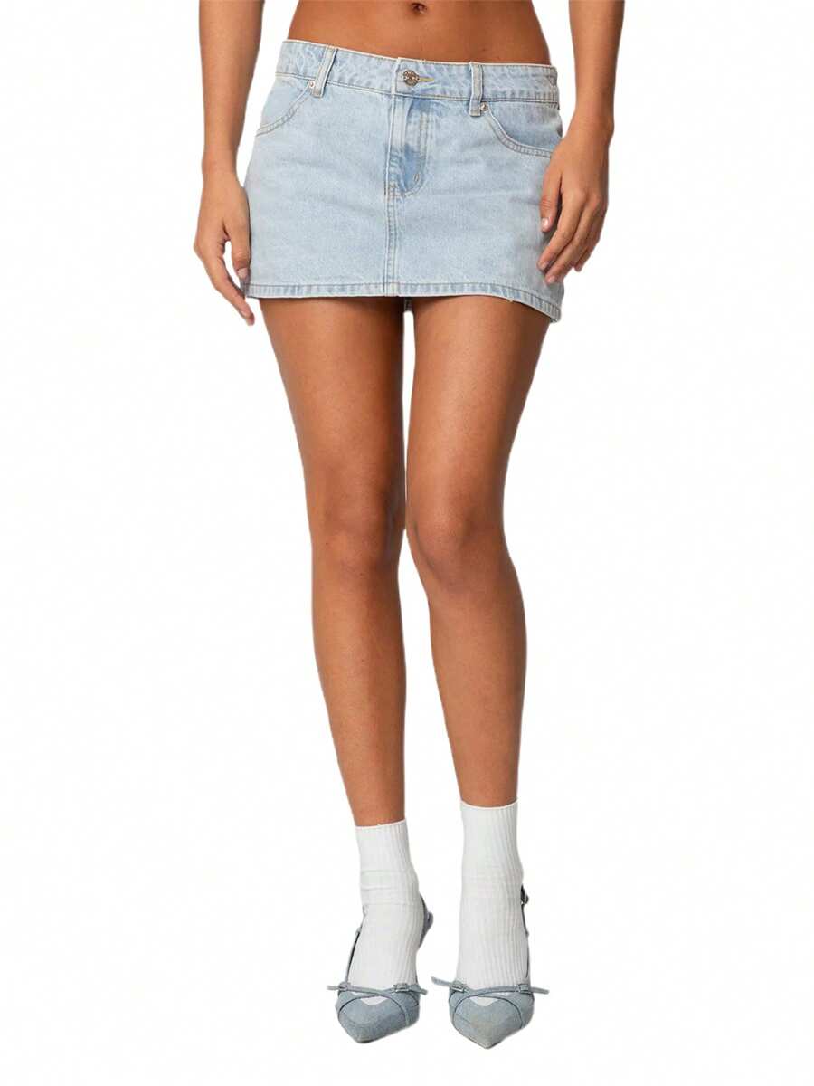 Womens Jean Skirt Stretchy Low Waisted Short Denim Pencil Skirt Summer Going Out Mini Skirts With Pockets Streetwear - 淺藍色 - 查看 1