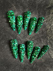 Y2K 10PCS/Bag Long Stiletto Luxury Green Handmade Press On Nails, Deluxe Rhinestone Handmade Wearable Finger Nails, Reusable Artificial Fake Nails Women And Girls