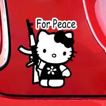 Sanrio 1 peça de adesivo Hello Kitty segurando uma AK-47 com slogan "Pela Paz", decalque para laptop, carro, caminhão, motocicleta, telefone, computador, decoração "Rejeite a Guerra", ideia de presente para amante, amigo, família