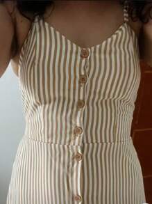 Long Crepe Dress With Padded Cups And Buttons H-1 - Chocolate Brown - View 1