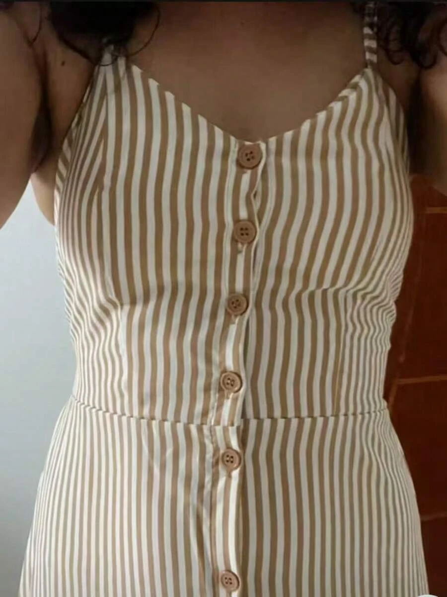 Long Crepe Dress With Padded Cups And Buttons H-1 - Chocolate Brown - View 1