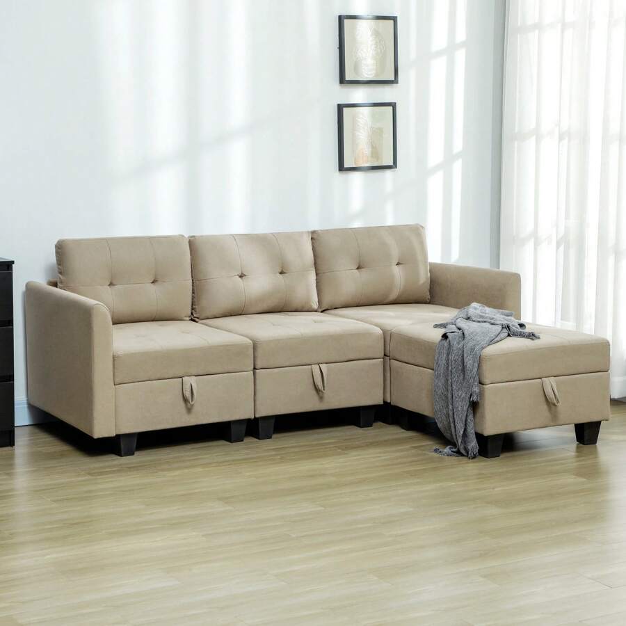 HOMCOM Convertible Modular Sectional Sofa With Storage, Tufted 3 Seater Sofa Set, L Shaped Sofa Couch With Ottoman, Wood Frame For Living Room, Light Brown - Brown - View 1