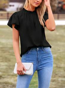 Women's Summer Satin Blouse Shirt Dressy Casual Ruffle Short Sleeve Crewneck Work Party Tops - màu đen - Xem 3