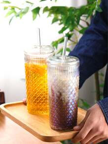 KEMORELA 2 PIEZAS, Botella de Agua de Vidrio Borosilicato de 24 Oz con Tapa y Pajita, Taza con Textura de Escamas de Pescado para Café con Hielo, Batidos, Agua - Reutilizable, Resistente al Calor, Juego Único de Vidrio para Bebidas Calientes/Frías, Perfecto para Todo Tipo de Fiestas - transparente - Ver 2