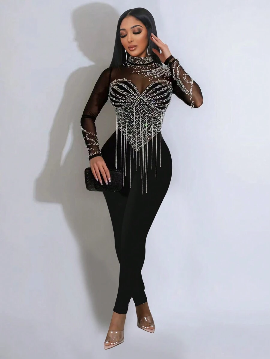 Women's Sexy Party Long Sleeve Unitard With Rhinestone Embellishments And SheerMesh Fabric High Stretch Bodysuit, High-Neck Sheer Mesh Long Sleeves, Rhinestone Tassel Detail, Bodycon Jumpsuit, Sexy Party Style, Autumnwinter, New Year Look , Black - Black - View 1