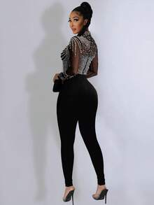 Women's Sexy Party Long Sleeve Unitard With Rhinestone Embellishments And SheerMesh Fabric High Stretch Bodysuit, High-Neck Sheer Mesh Long Sleeves, Rhinestone Tassel Detail, Bodycon Jumpsuit, Sexy Party Style, Autumnwinter, New Year Look , Black - Black - View 3