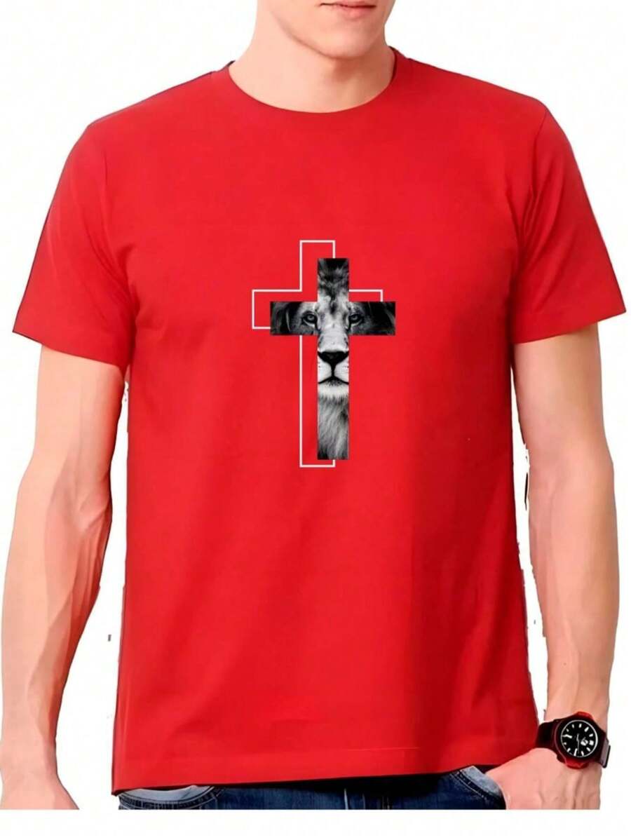 Men's Lion And Cross T-Shirt 100% Cotton Gospel Shirt Evangelical Christian Fashion - 紅色 - 查看 1