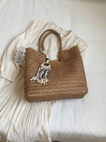 1 Pieza Bolsa de papel trenzada de gran capacidad con estilo de ocio y vacaciones, de unicolor, con decoración de colgante de ojo del diablo, bolsa de playa de un solo hombro para mujer, adecuada para vacaciones al aire libre, viajes diarios, ocio y combinación de ropa de moda. - Multicolor - Ver 9
