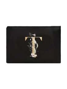 A Black Makeup Bag With The Initials A~Z Printed On It, Featuring A Green Leaf Pattern Print,Cosmetic Bag,Portable Wash Bag,Teacher's Day Gift, Reusable Makeup Bag, Women's Simple And Large Capacity Travel Makeup Bag