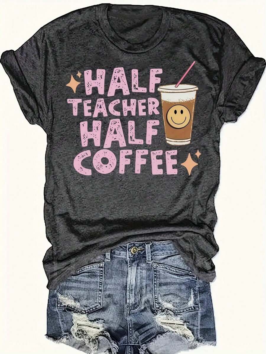 Fashionable Womens Graphic Print T-Shirt - Casual Short Sleeve Crew Neck Top - Lightweight & Breathable For Spring & Summer Wardrobe - Dark Grey 2 - View 1