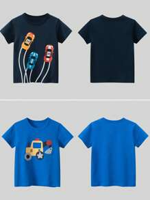 Young Boy 3-Piece Set Summer New Excavator & Car & Letter Printing Short Sleeve T-Shirt - Multicolor - View 2