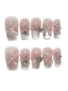 10 件装短方形按压指甲，带 3D 蝴蝶结设计假指甲，适合舞台表演佩戴