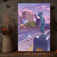 Framed Cat And Statue Canvas Painting,  Whimsical Wall Art,  Cityscape,  Purple Aesthetic,  Living Room DecorRoom, Living Room, Kitchen, A Festive Touch For Valentine's And New Yea Decor - Framed - View 3