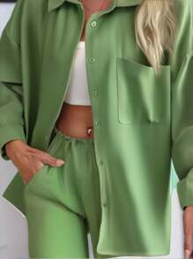 Conjunto de dos piezas de lino y algodón para mujer, camisa de manga larga con botones y pantalón de cintura alta con cordón, traje deportivo informal para mujer - Verde - Ver 3