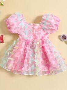 Vestido de princesa para niña pequeña, manga corta abullonada, tul con mariposas 3D, corte A - Colores mixtos - Ver 2