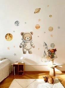 1pc Cute Cartoon Astronaut Bear, Rocket Spaceship Self-Adhesive Wall Sticker, Nursery Kids Room Decor, Jungle Green Plant Tiger Wall Decal, Vintage Lamp Flower Wall Sticker, Panda Drinking Coffee Wall Decal, Girls/Boys Room Decor, Kids Room, Nursery Stickers - Multicolor - View 3
