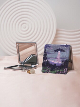 1 pieza Espejo de vanidad portátil de la serie Gato de la Suerte clásico, plegable, ligero, ultra delgado, espejo de mano conveniente, cuero de PU duradero, chapado al vacío de metal, adecuado para todos los escenarios y personas, espejo de bolsillo plegable cuadrado