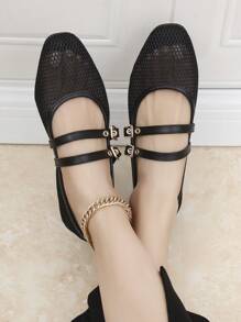 新款女士芭蕾网眼平底鞋，圆头，黑色和杏色，纯色透气休闲平底鞋，时尚舒适
