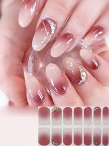 3D Rhinestone Almond Nail Stickers, Full Cover Nail Art Stickers, Red Ombre Effect, 14Pcs - Multicolor - View 1
