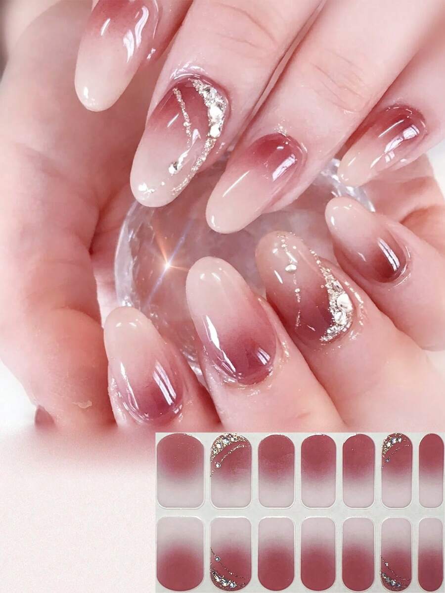 3D Rhinestone Almond Nail Stickers, Full Cover Nail Art Stickers, Red Ombre Effect, 14Pcs - Multicolor - View 1