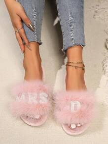 1 para plus size kobiet spersonalizowanych indyczych piór, kryształków, sztucznych pereł, liter futrzanych kapci, prezenty dla przyjaciół, sióstr, rodziny, urodzin, imprezy, żony, mamy, panny młodej, druhen