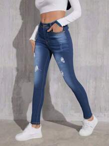 High Waisted Skinny Denim Pants With Pockets -ZANA - Dusty Blue - View 3