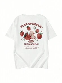 休闲女圆领宽松草莓卡通可爱印花百搭短袖T恤，春夏 - 白色 - 查看 4
