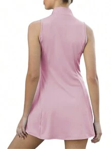 Ladies Summer Sports Suit, Women Solid Color Zipper Stand Collar Sleeveless Slim Tennis Short Skirt + Shorts Set - 粉色 - 查看 5