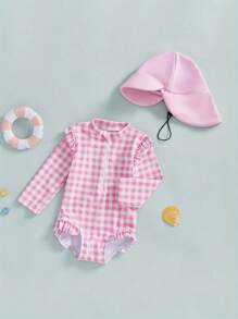 Traje de baño Rash Guard para niñas pequeñas con gorro, conjunto de 2 piezas, estampado a cuadros, con cremallera, manga larga, cuello redondo, trajes de baño para niñas pequeñas - rosa brillante - Ver 3
