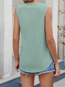 Women Tank Tops Solid Color V-Neck Casual Chiffon Vests Summer Loose Sleeveless Tops Streetwear - Green - View 5