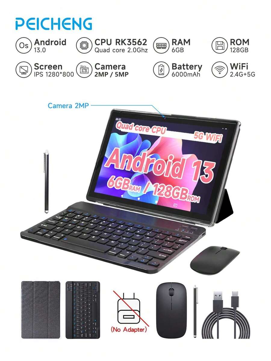 PEICHENG YQ10S Max Android 13 平板电脑 10 英寸，2 合 1 平板电脑，RK3562 四核 2.0Ghz/6GB RAM 128GB ROM/2.4G+5G WiFi+WiFi 6/BT 5.0/FHD IPS 屏幕/2MP+5MP 双摄像头/Type-C/6000mAh/OTG/支持 1TB SD 扩展/带键盘、鼠标、手写笔、保护壳，（无适配器） - 黑色 - 查看 1